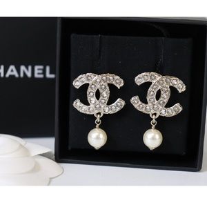 Chanel CC Pearl Drop Earrings Light Gold Tone